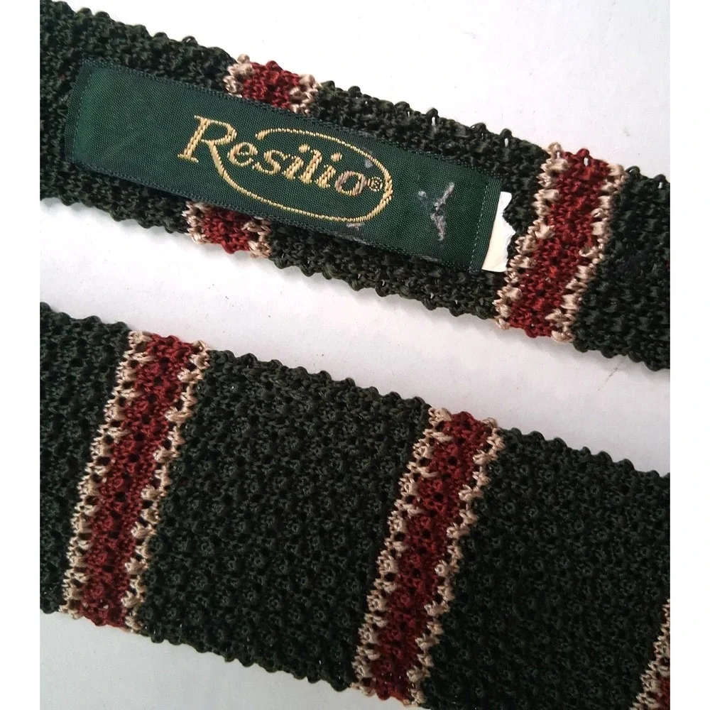 2 Classic Poly Knit Ties Men's Slim Fit Neckties Dk Brown & Hunter Green Striped